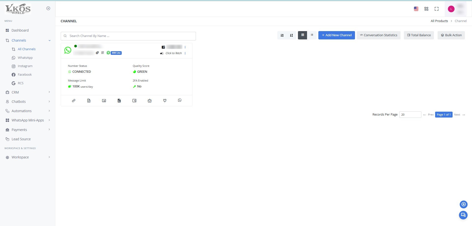 Lykos World WhatsApp Official API channel dashboard