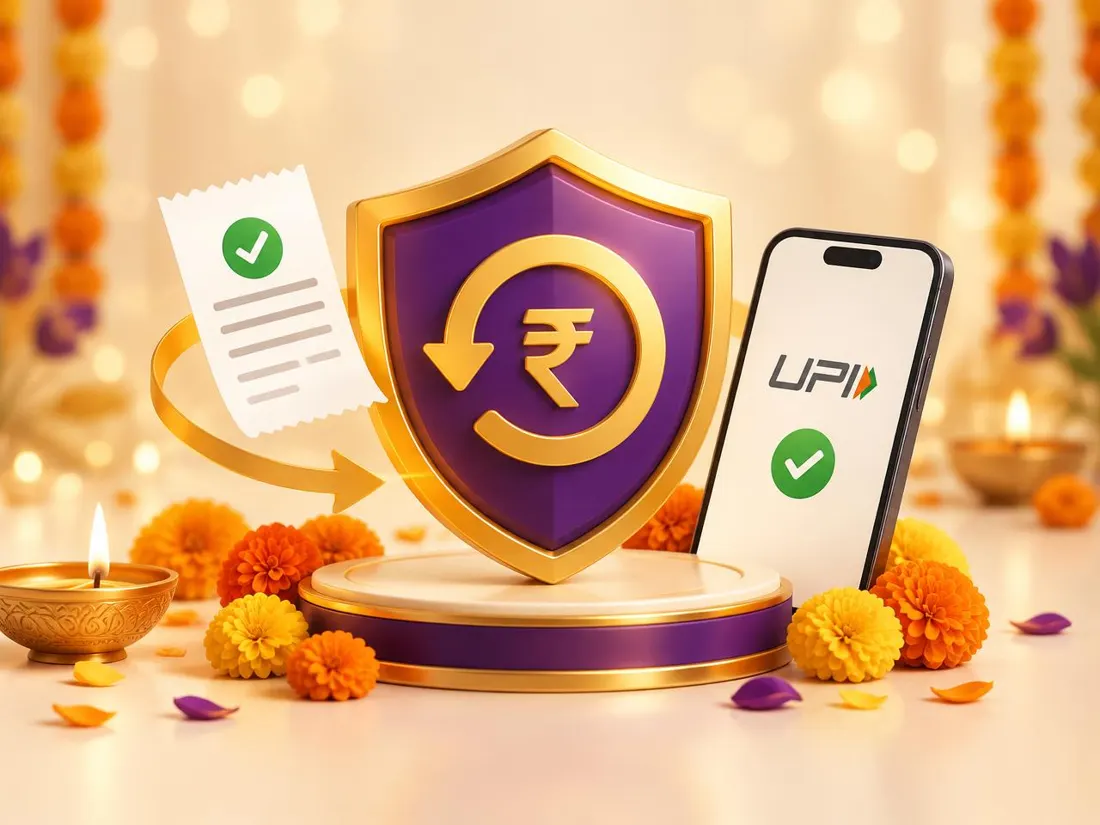 Shield with a rupee refund arrow next to a UPI payment phone