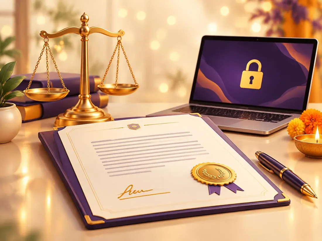 Signed agreement with a gold seal, balance scale and secure laptop