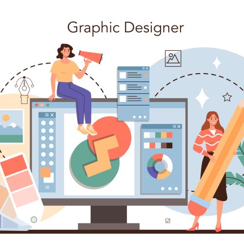 Designer concept. Advert designer or graphic illustrator. Artist creating modern advertisment. Digital drawing for product design concept. Flat illustration vector